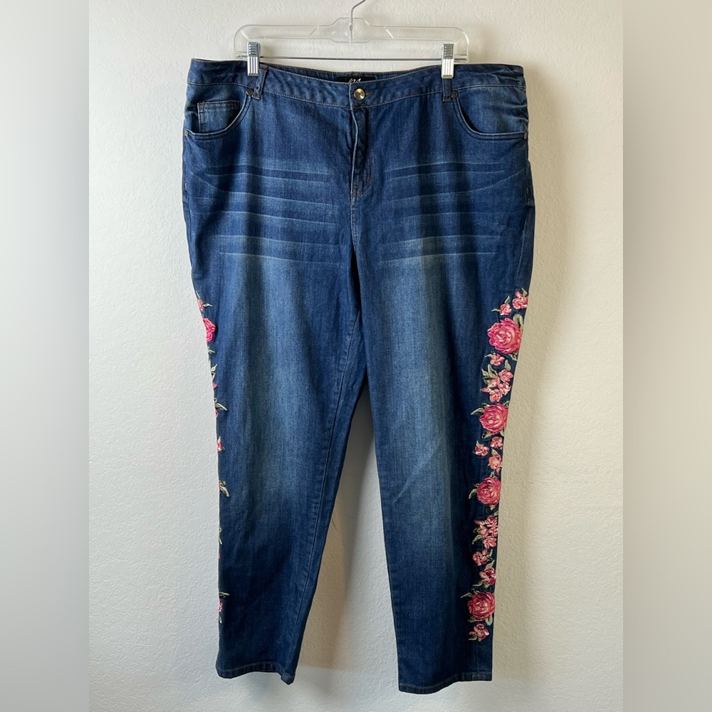 Midnight Velvet Floral Embroidered Boho Hippie Cotton Spandex Blue Denim Jeans